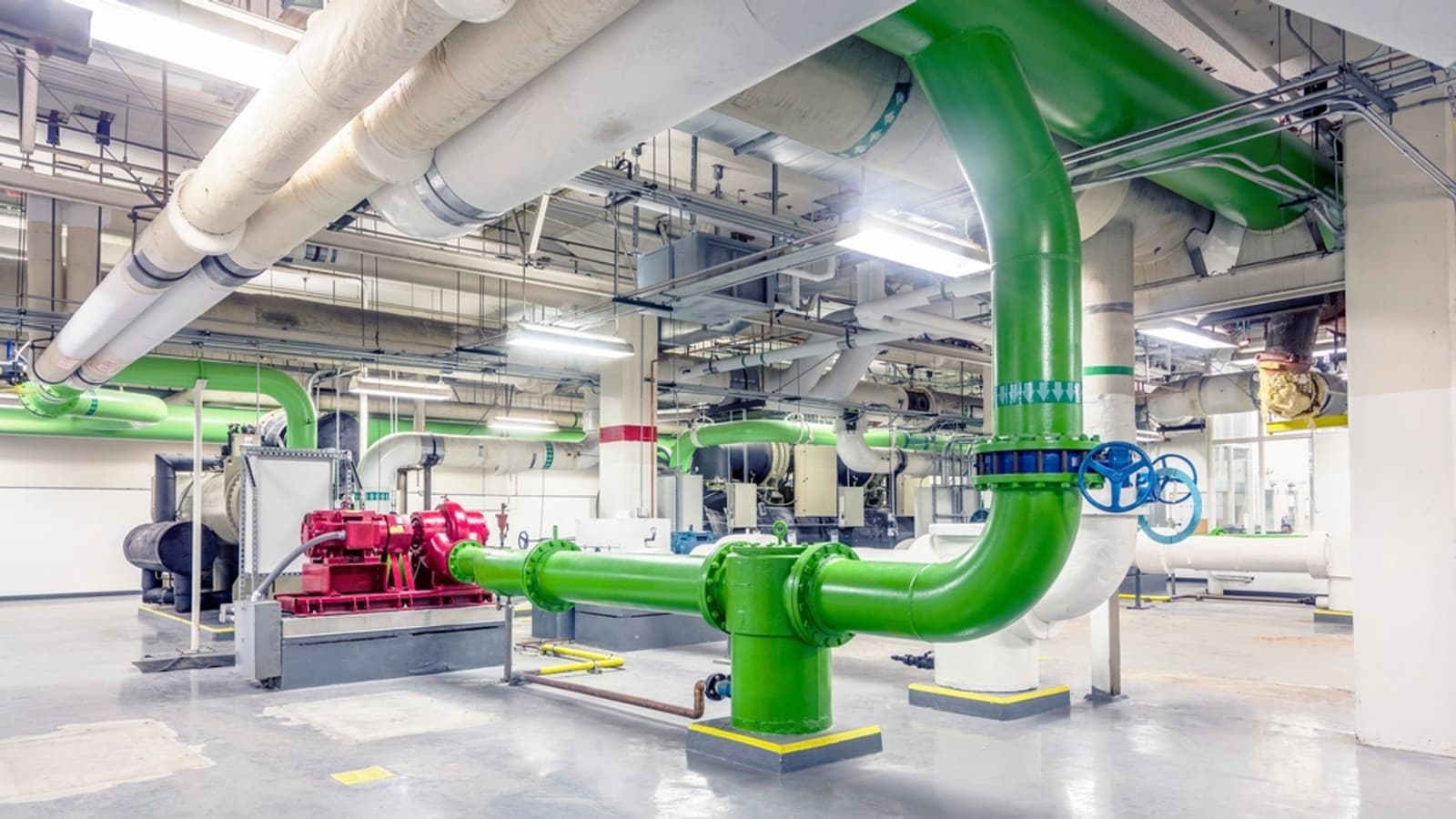 A commercial chiller plant room with primary chilled-water pumps and headers.
